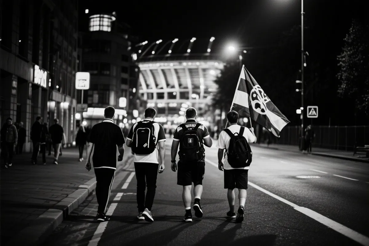 球迷在城市夜景中步行前往球场，背着背包与旗帜，电影感