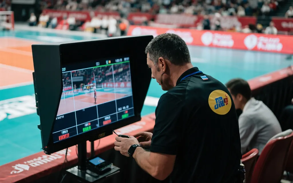 裁判在场边查看VAR回放屏幕的比赛瞬间
